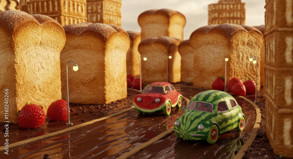 Breadtastic City: A whimsical journey through a city made of bread, where tiny cars crafted from watermelon and strawberries cruise along chocolate streets. Breadtastic City: A whimsical journey through a city made of bread, where tiny cars crafted from watermelon and strawberries cruise along chocolate streets.