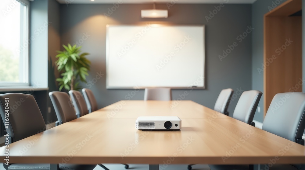 A sleek conference room with a projector on a wooden table, surrounded by black chairs and a blank presentation screen A sleek conference room with a projector on a wooden table, surrounded by black chairs and a blank presentation screen