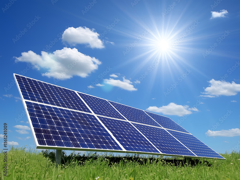solar panels in green field under sun, sunny day with solar panel array solar panels in green field under sun, sunny day with solar panel array