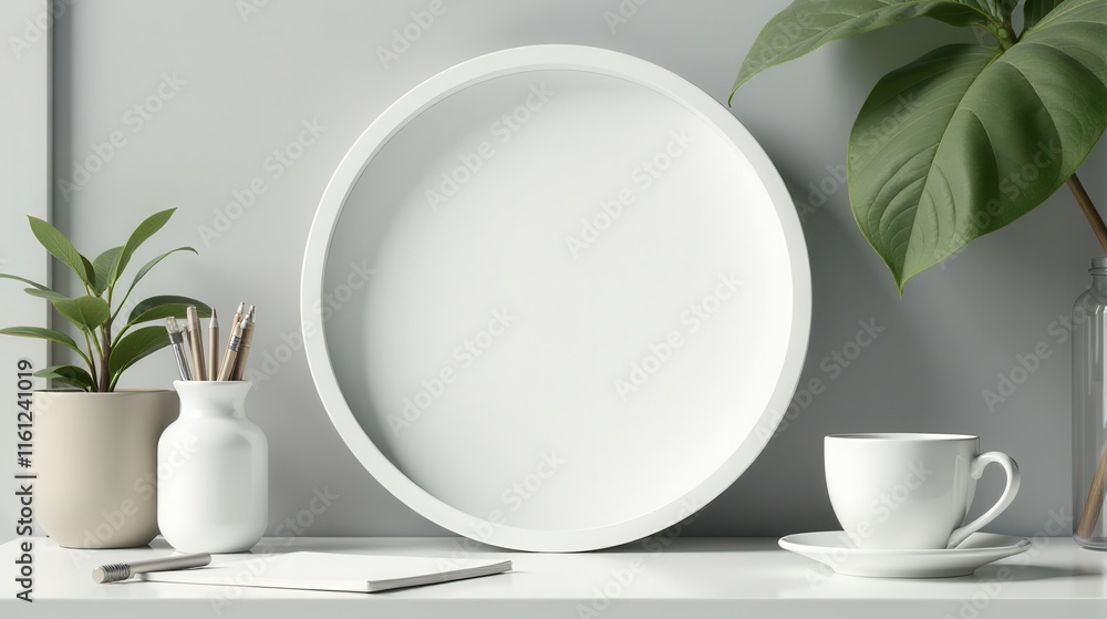 Clean and minimalist white ceramic crockery and vases displayed with green leaves and delicate blooms on a white surface against a neutral background Clean and minimalist white ceramic crockery and vases displayed with green leaves and delicate blooms on a white surface against a neutral background