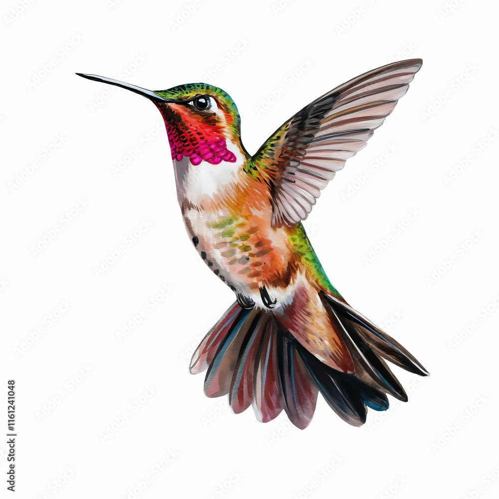 Fototapeta premium Wildlife Art: Stunning Red-Throated Hummingbird in Mid-Air on White Background ai generated