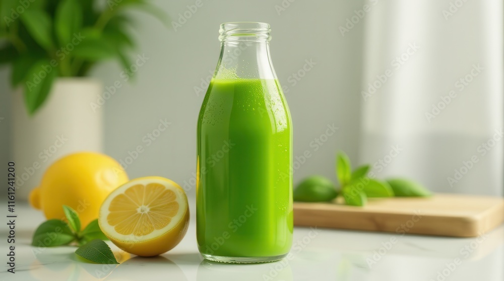 A fresh green juice bottle sits on a marble countertop with basil leaves, blending refreshing vibes with health and wellness A fresh green juice bottle sits on a marble countertop with basil leaves, blending refreshing vibes with health and wellness