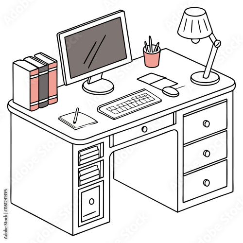 Office Desk Illustration with Accessories in transparent background photo