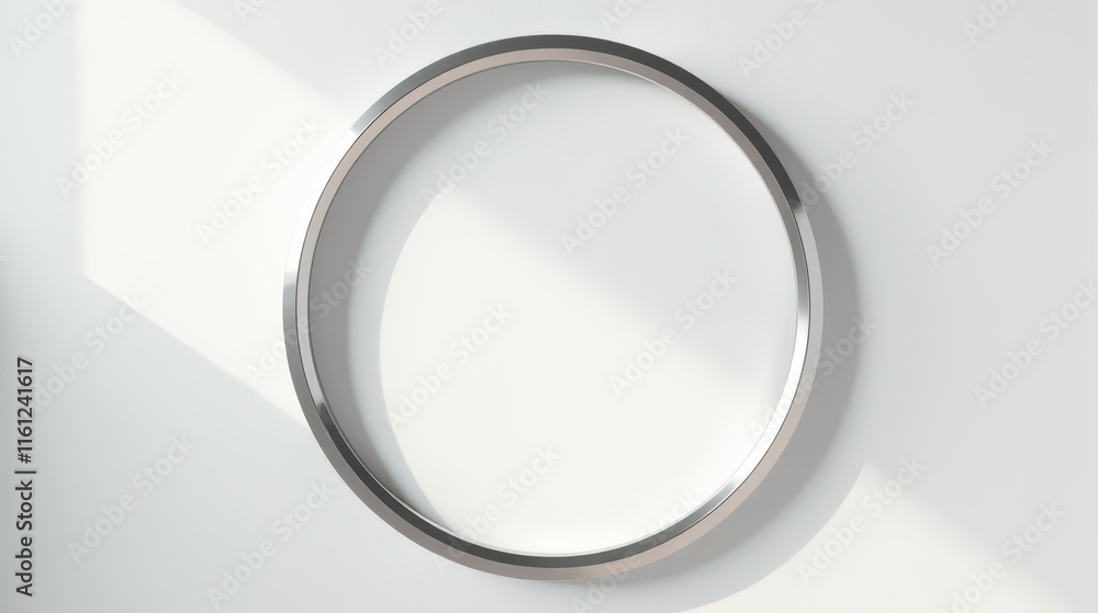Elegant round wall mirror with a sleek metallic frame, casting shadows on a white background alongside green leaves for a minimalist and modern aesthetic Elegant round wall mirror with a sleek metallic frame, casting shadows on a white background alongside green leaves for a minimalist and modern aesthetic