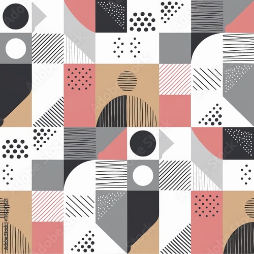 A modern, minimalist European illustration of a pattern targeted at working women. The pattern combines geometric and organic shapes, enhanced with lines and dots ai generated 