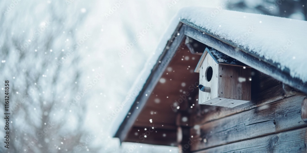 Naklejka premium A Beautiful Snowy Birdhouse Nestled in a Winter Wonderland Full of Charm and Peacefulness
