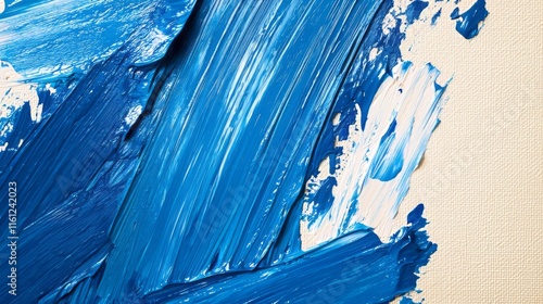 Close-up of blue and white paint strokes on a textured canvas, showcasing vibrant colors, dynamic movement, and artistic expression. AI generative.