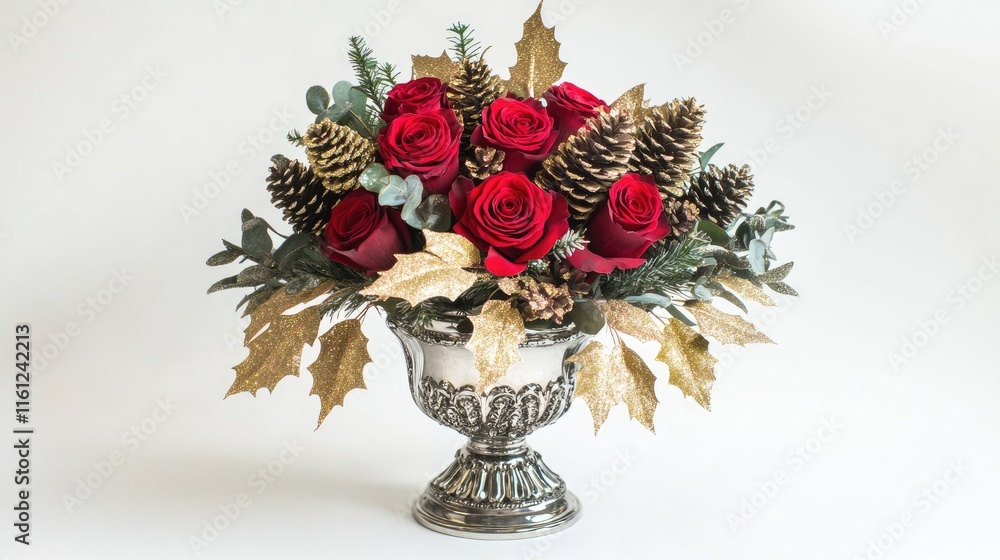 Fototapeta premium A festive floral arrangement featuring red roses, pinecones, and golden leaves in a decorative vase.