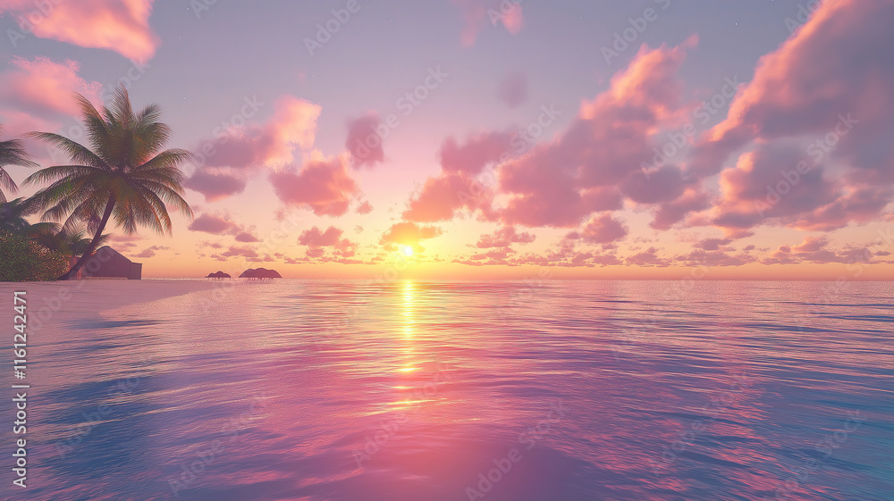 Stunning colorful sunset over the ocean in the Maldives perfect for a tranquil getaway moment Stunning colorful sunset over the ocean in the Maldives perfect for a tranquil getaway moment