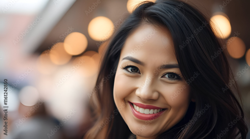 Smiling woman looking at the camera against a blurred interior background Smiling woman looking at the camera against a blurred interior background