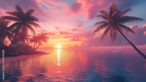 Palm trees silhouetted against a vibrant tropical sunset on the coast