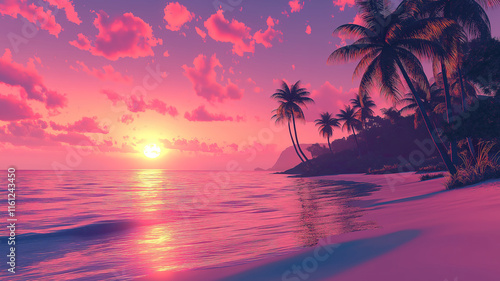 Serene sandy beach with palm trees silhouetted against a vibrant sunset sky