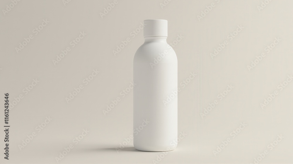 Minimalist beige bottle with a blank white label on a neutral background, ideal for product mockups and branding presentations Minimalist beige bottle with a blank white label on a neutral background, ideal for product mockups and branding presentations