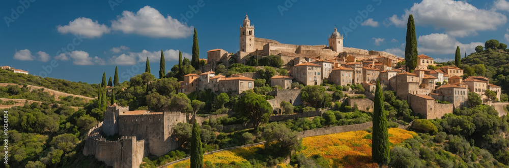Picturesque portuguese hillside town surrounded by lush greenery Picturesque portuguese hillside town surrounded by lush greenery