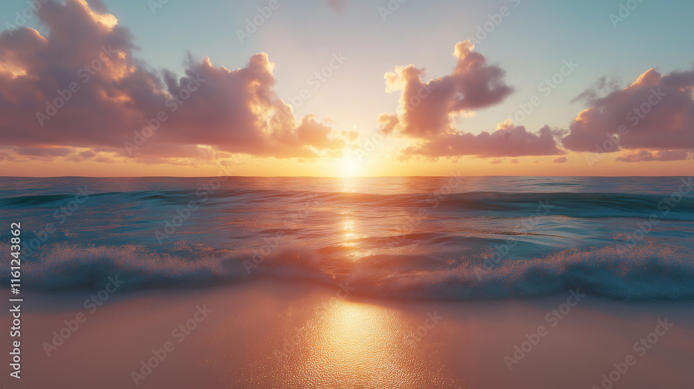 Obraz premium Sunset over the tropical sand beach with a looping sea ocean landscape background