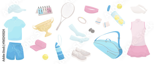 tennis equipment set, workout clothes for man and women, racket, ball, shoes, bag, tennis strings, vibration dampener, towel, wristbands, thermal bottle