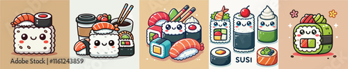 Vector collection of animated sushi from fresh tuna