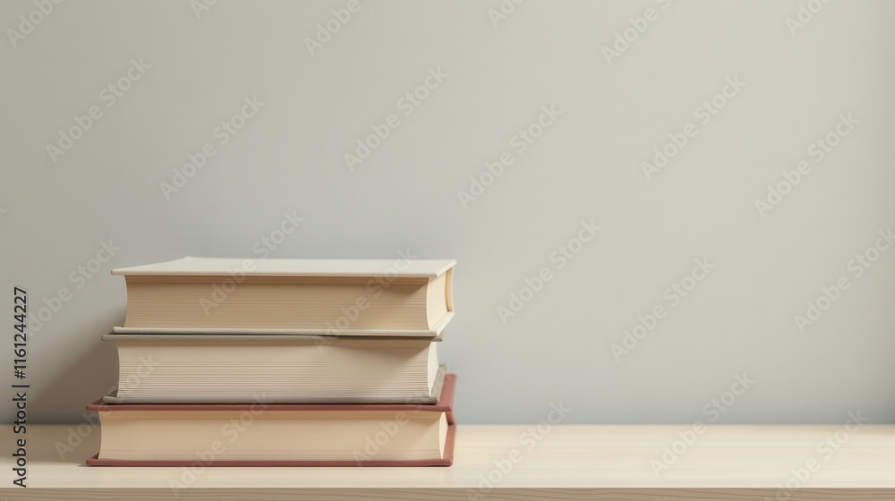 Three hardcover books stacked on a wooden surface, casting soft shadows on a plain background Three hardcover books stacked on a wooden surface, casting soft shadows on a plain background