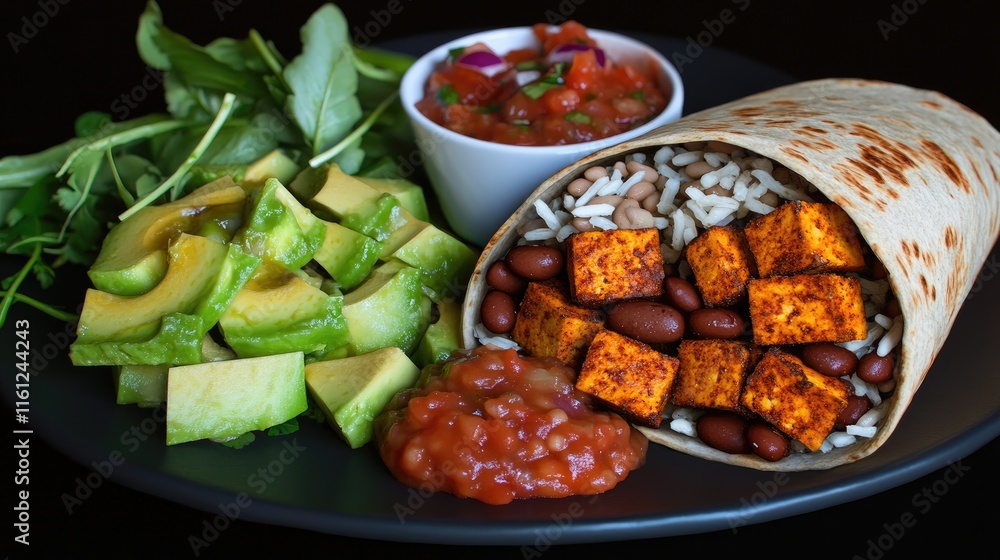 A vibrant plate featuring a burrito, avocado, salsa, and salad. A vibrant plate featuring a burrito, avocado, salsa, and salad.