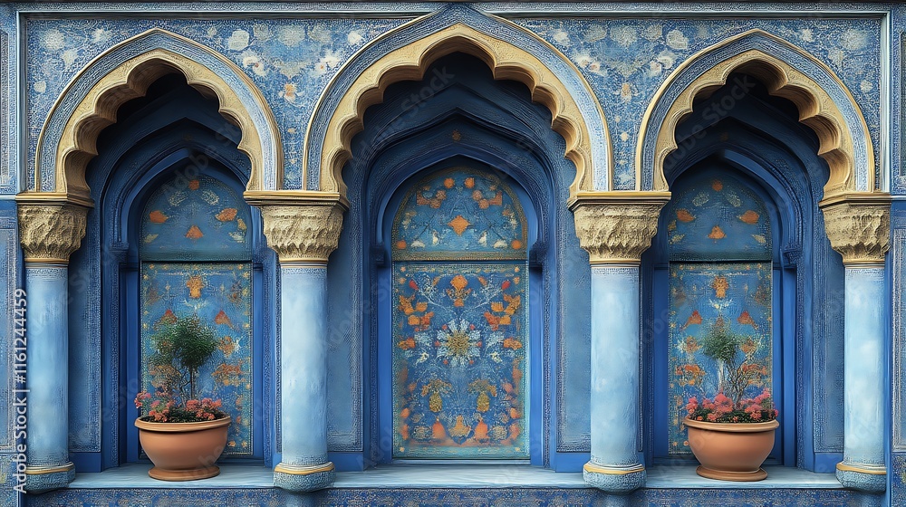 Blue Building Facade With Ornate Archways And Plants Blue Building Facade With Ornate Archways And Plants