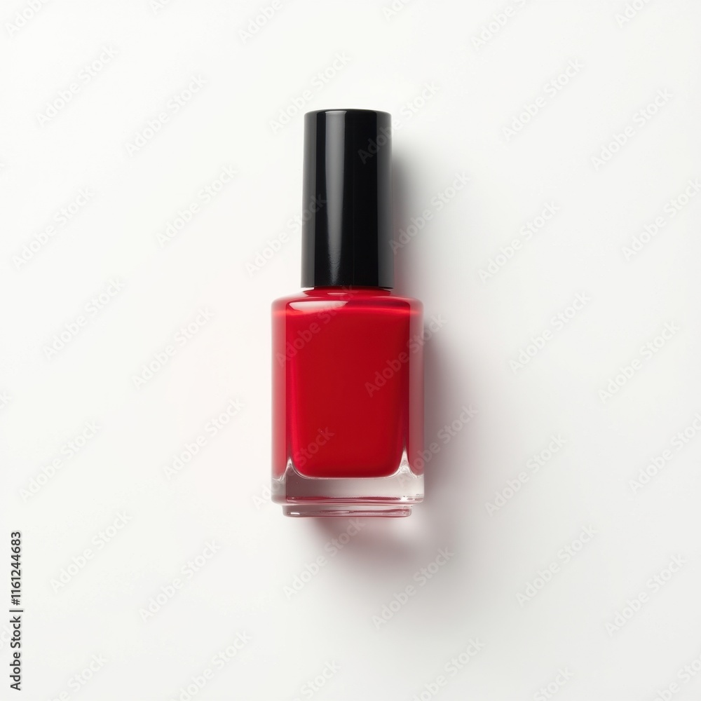 A bottle of vibrant red nail polish sits on a clean white background. The classic bottle shape and bold color make it visually striking. A bottle of vibrant red nail polish sits on a clean white background. The classic bottle shape and bold color make it visually striking.