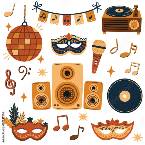 Masquerade disco party elements. Hand drawn vector illustrations of musical notes, disco ball, karaoke, speakers, masquerade masks, vinyl record, turntable and more.