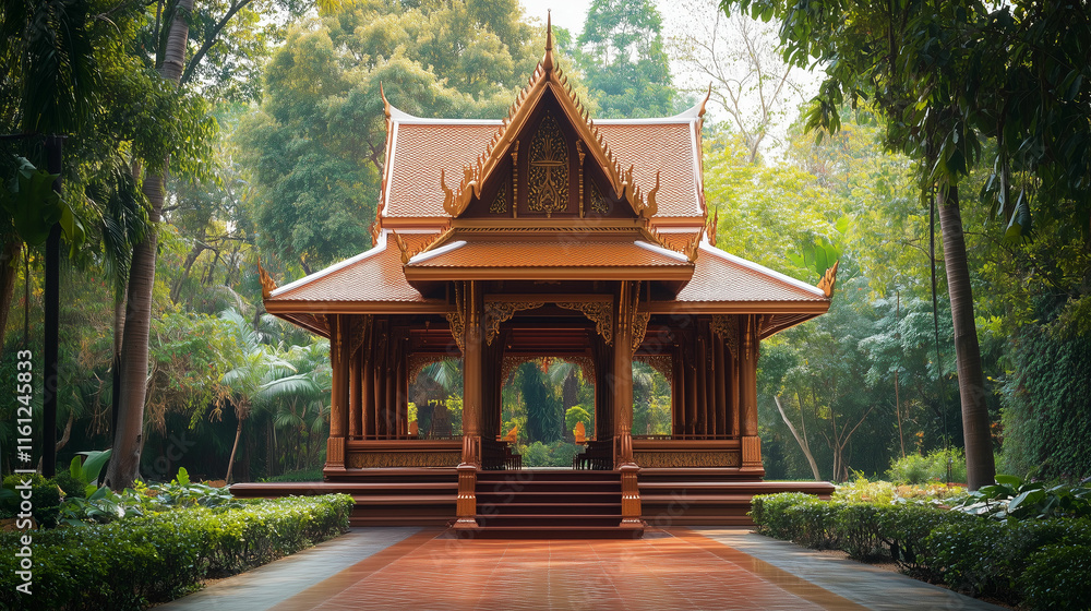 A traditional Thai pavilion stands gracefully amidst lush tropical greenery, showcasing intricate architecture and serenity in nature. Generative AI A traditional Thai pavilion stands gracefully amidst lush tropical greenery, showcasing intricate architecture and serenity in nature. Generative AI