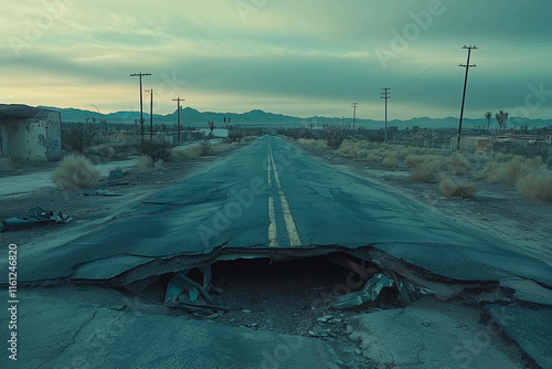 Crumbling road in a deserted landscape.  A desolate scene under a muted sky. photo