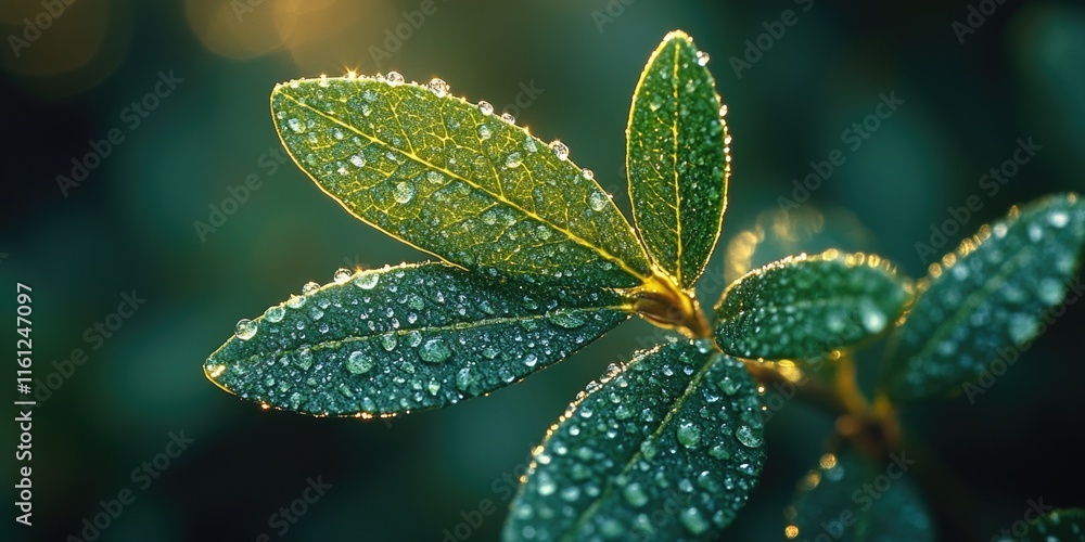 A detailed shot of a leaf with water droplets glistening on its surface A detailed shot of a leaf with water droplets glistening on its surface