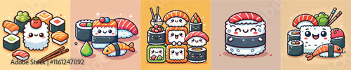 Vector collection of animated sushi from fresh tuna