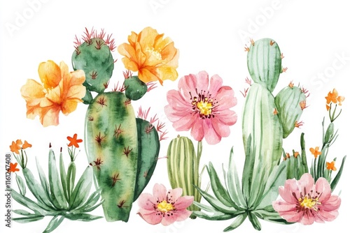 Watercolor illustration of various cactus species photo