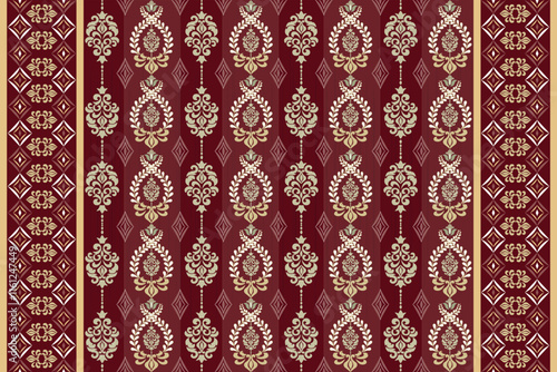 Rich burgundy and gold vintage damask pattern with royal vertical motifs. Perfect for luxurious home decor, classical fabric prints, elegant backgrounds, and upscale design projects.