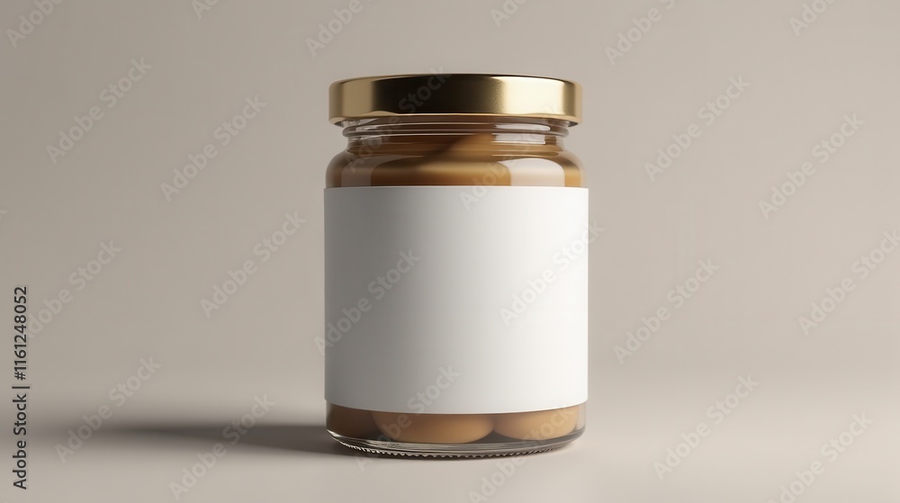 A glass jar with an elegant blank label showcasing preserved peaches against a minimalist blue background A glass jar with an elegant blank label showcasing preserved peaches against a minimalist blue background