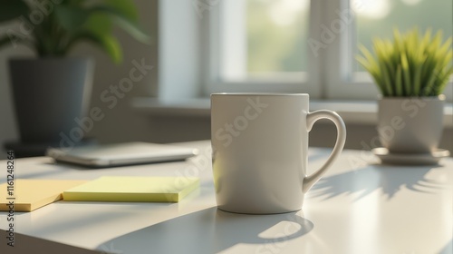 A clean white mug on a bright desk beside a potted plant, eyeglasses, and notepad, radiating a minimalist workspace atmosphere