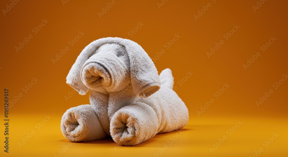 A creative towel sculpture designed to resemble a dog, crafted from white fabric and displayed against a bright orange background. Perfect for hospitality, art, and creative decor concepts. A creative towel sculpture designed to resemble a dog, crafted from white fabric and displayed against a bright orange background. Perfect for hospitality, art, and creative decor concepts.