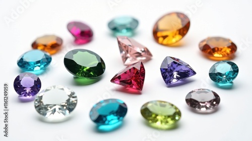 A collection of colorful gemstones in various cuts and shapes, sparkling against a white background. The vibrant hues create a stunning display of natural beauty.