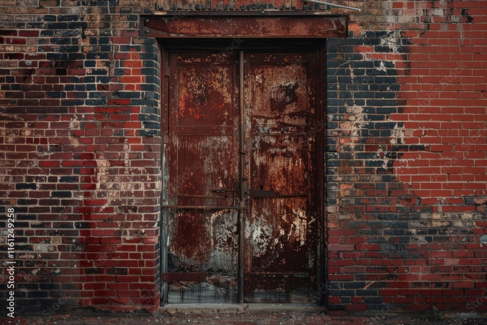 Red brick wall with old rustic weathered door in european city. Detailed photo textured background Red brick wall with old rustic weathered door in european city. Detailed photo textured background