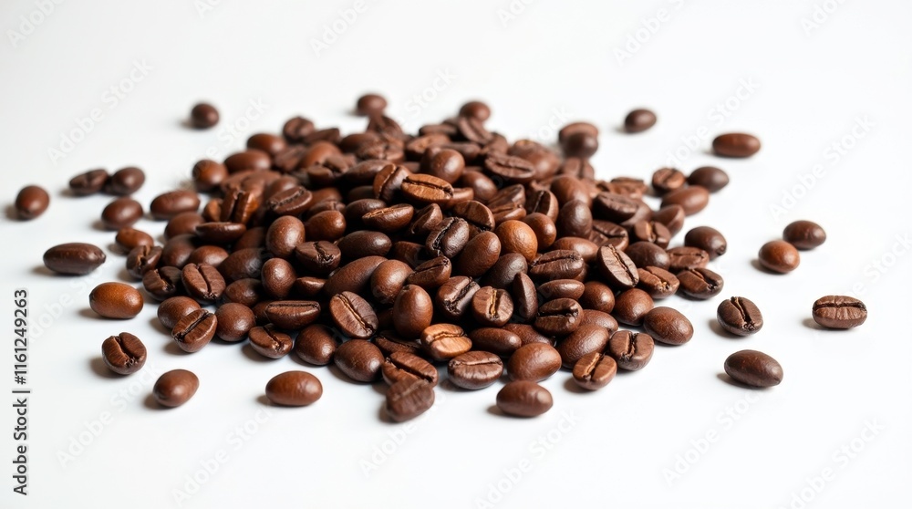A pile of dark roasted coffee beans scattered on a white background. Rich brown tones and a rustic feel. A pile of dark roasted coffee beans scattered on a white background. Rich brown tones and a rustic feel.