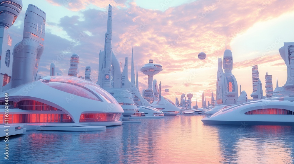 Futuristic Cityscape at Dusk with Modern Architecture and Waterway Futuristic Cityscape at Dusk with Modern Architecture and Waterway
