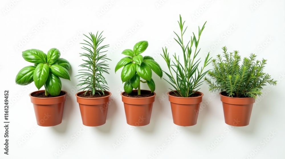 Five potted herbs sit in a row against a white background. A lovely collection of green plants. Five potted herbs sit in a row against a white background. A lovely collection of green plants.