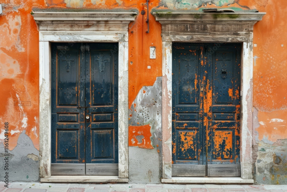Orange concrete wall with two old wooden doors in european city. Detailed photo textured background Orange concrete wall with two old wooden doors in european city. Detailed photo textured background