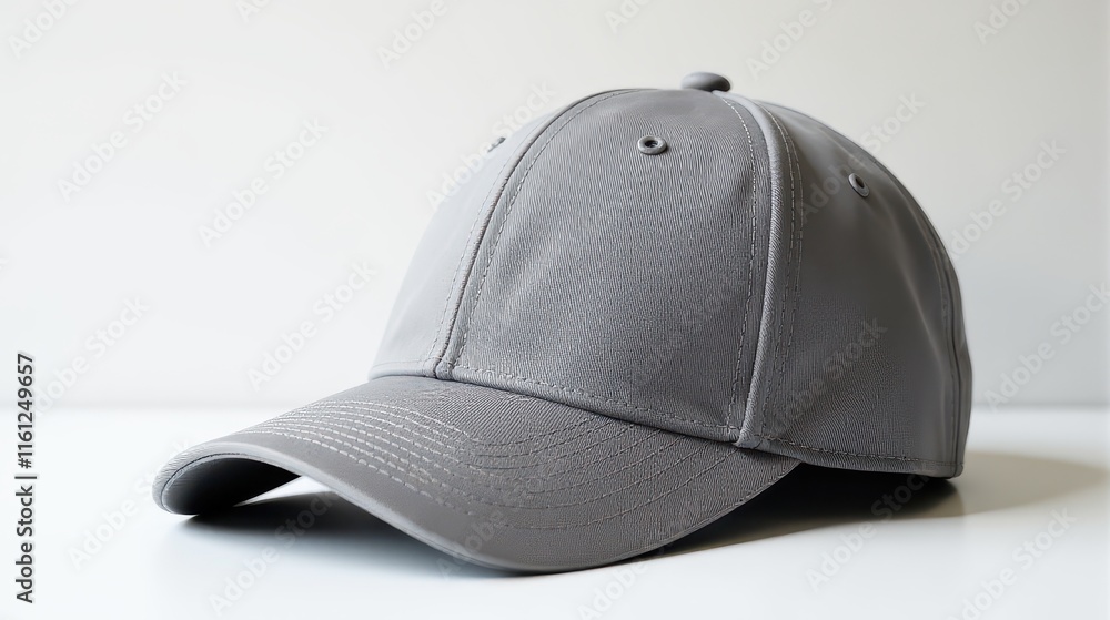 A sleek gray baseball cap with detailed stitching, captured on a clean white background, showcases modern design and fashion versatility A sleek gray baseball cap with detailed stitching, captured on a clean white background, showcases modern design and fashion versatility