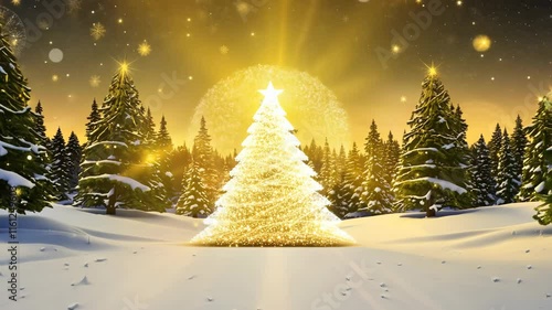 Golden Christmas tree glowing under yellow light, festive holiday season