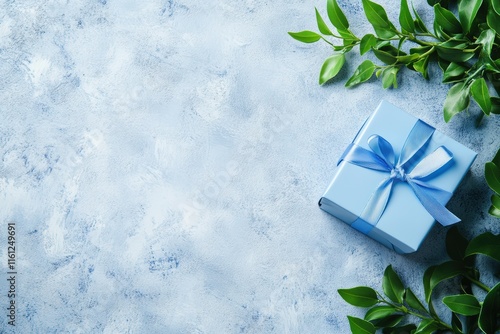 Elegant blue gift box with ribbon and green leaves on textured background