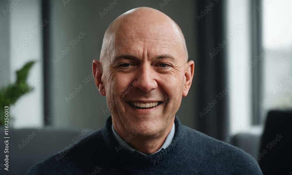 Obraz premium a mature adult man with a bald head and turtleneck sweater in the office or at home, prosperity and wealth, in retirement age, midlife crisis or in a good mood, laughing