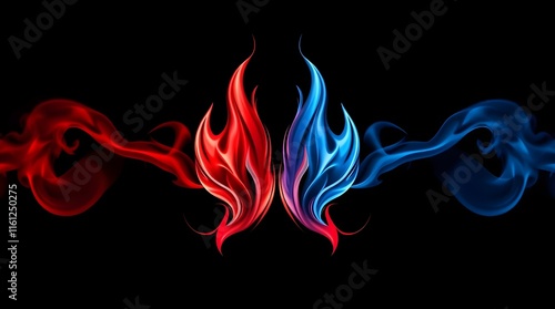 twin flame concept of one red and one blue flame mirroring in painting style