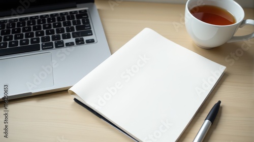 A blank notebook, pen, laptop, and cup of tea on a wooden desk create a cozy workspace atmosphere