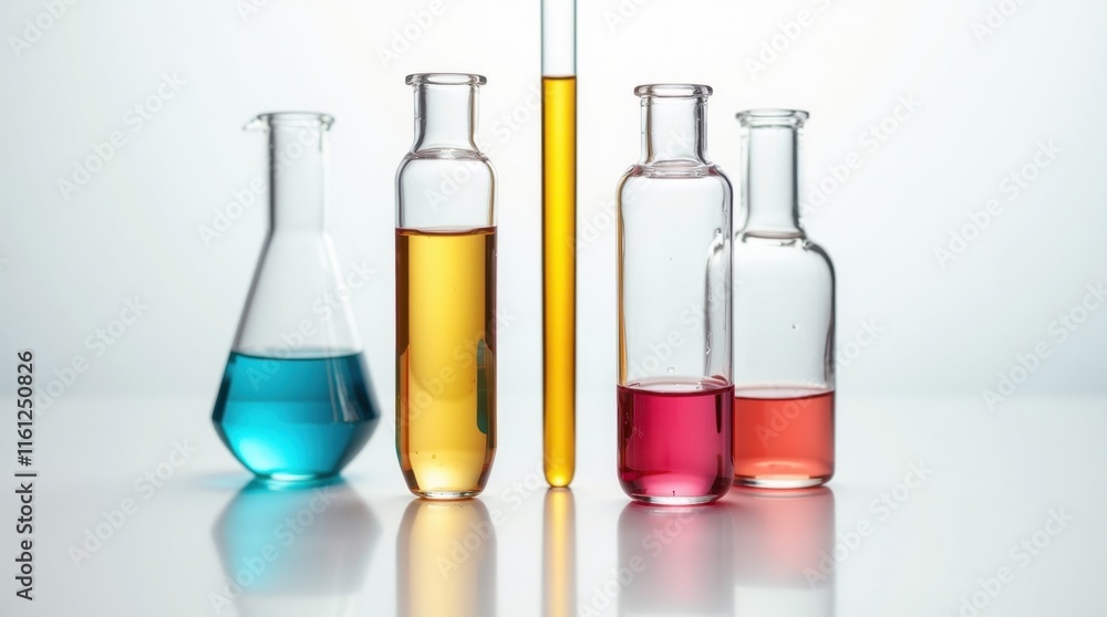 Close-up view of various laboratory glassware containing colorful liquids. The vibrant hues create a striking visual against the bright background. Close-up view of various laboratory glassware containing colorful liquids. The vibrant hues create a striking visual against the bright background.