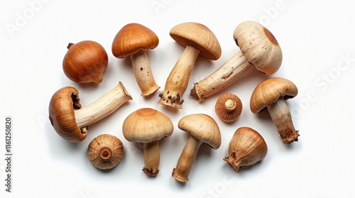 A collection of various mushrooms, showcasing their earthy tones and unique shapes. The mushrooms are arranged on a white background, creating a visually appealing contrast. photo