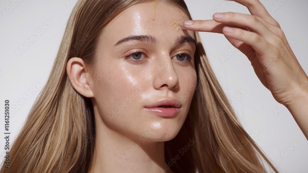 Fototapeta premium Skin care procedure: close-up of young woman, portrait of girl model with long straight shiny blonde smooth healthy hair, natural beauty of smooth skin for skin care, on white background applying oil 